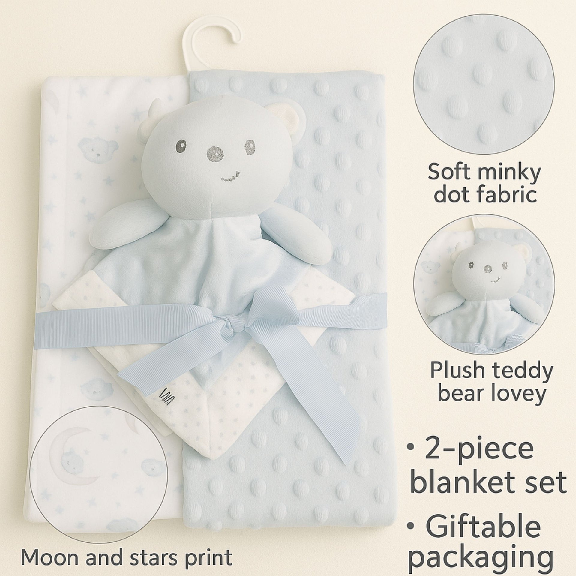 SUNNOZY 2-Piece Baby Blanket Set | Soft Minky Dot Fabric & Printed Blanket with Teddy Bear Lovey | Cozy, Gentle, Machine Washable – 75x100 cm