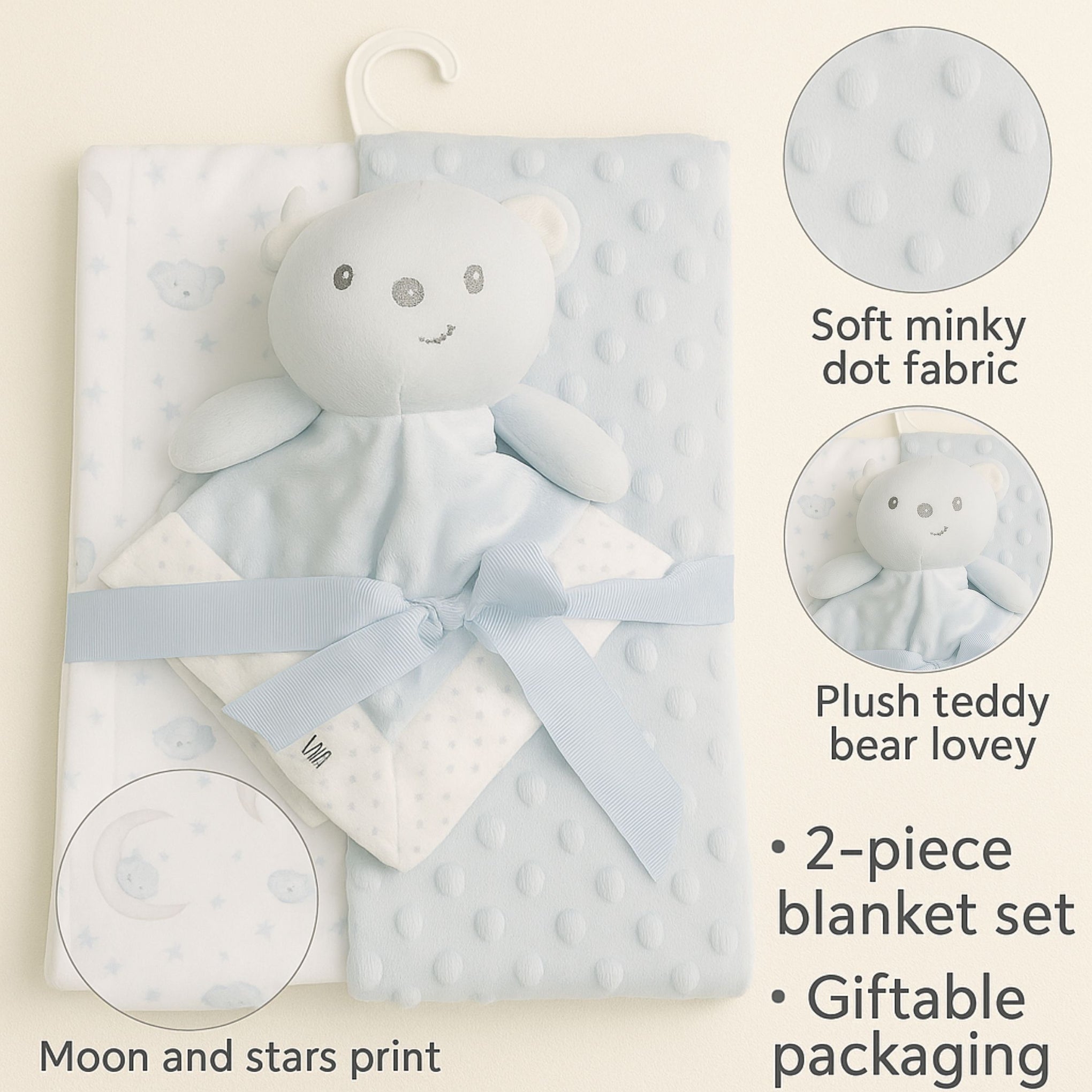 SUNNOZY 2-Piece Baby Blanket Set | Soft Minky Dot Fabric & Printed Blanket with Teddy Bear Lovey | Cozy, Gentle, Machine Washable – 75x100 cm
