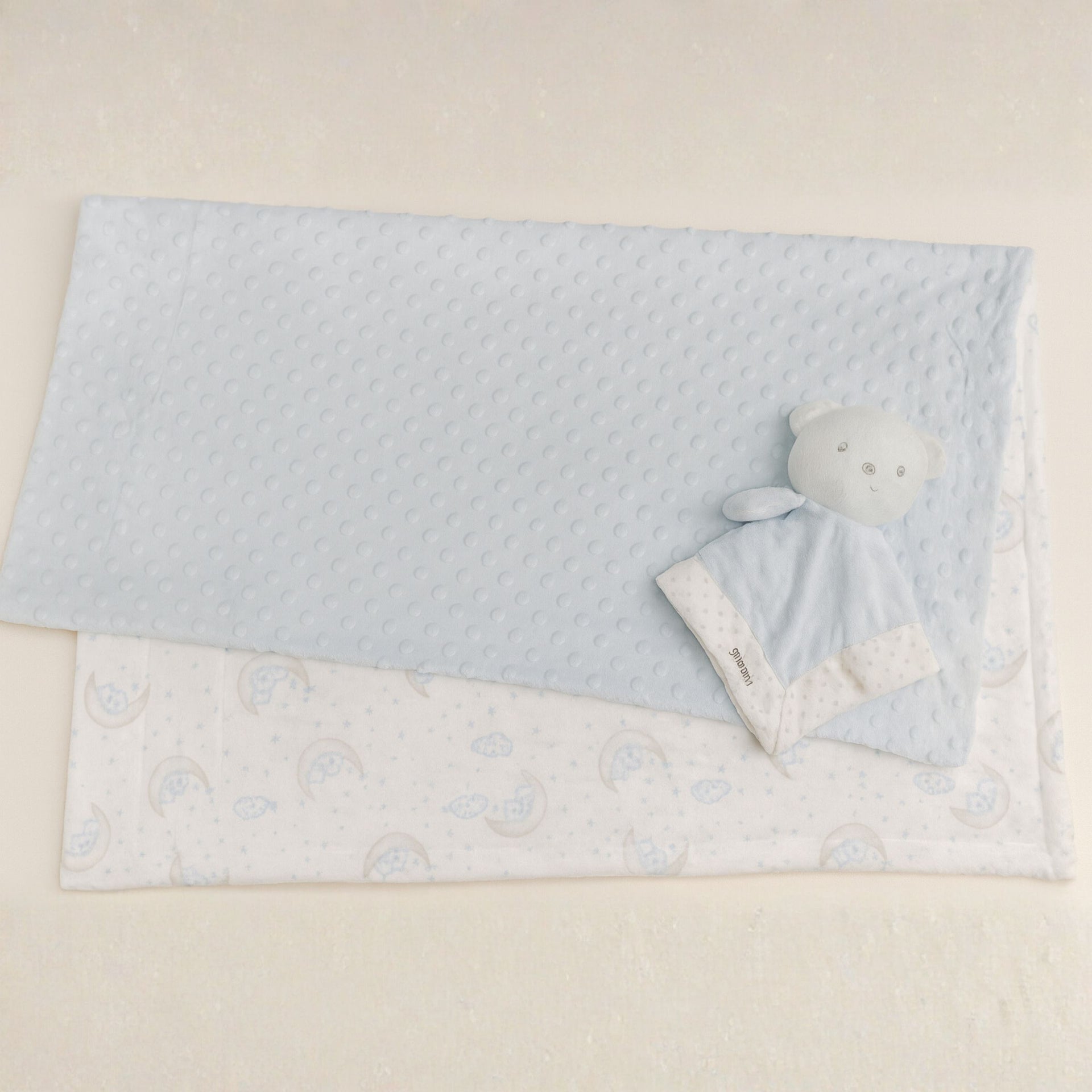 SUNNOZY 2-Piece Baby Blanket Set | Soft Minky Dot Fabric & Printed Blanket with Teddy Bear Lovey | Cozy, Gentle, Machine Washable – 75x100 cm