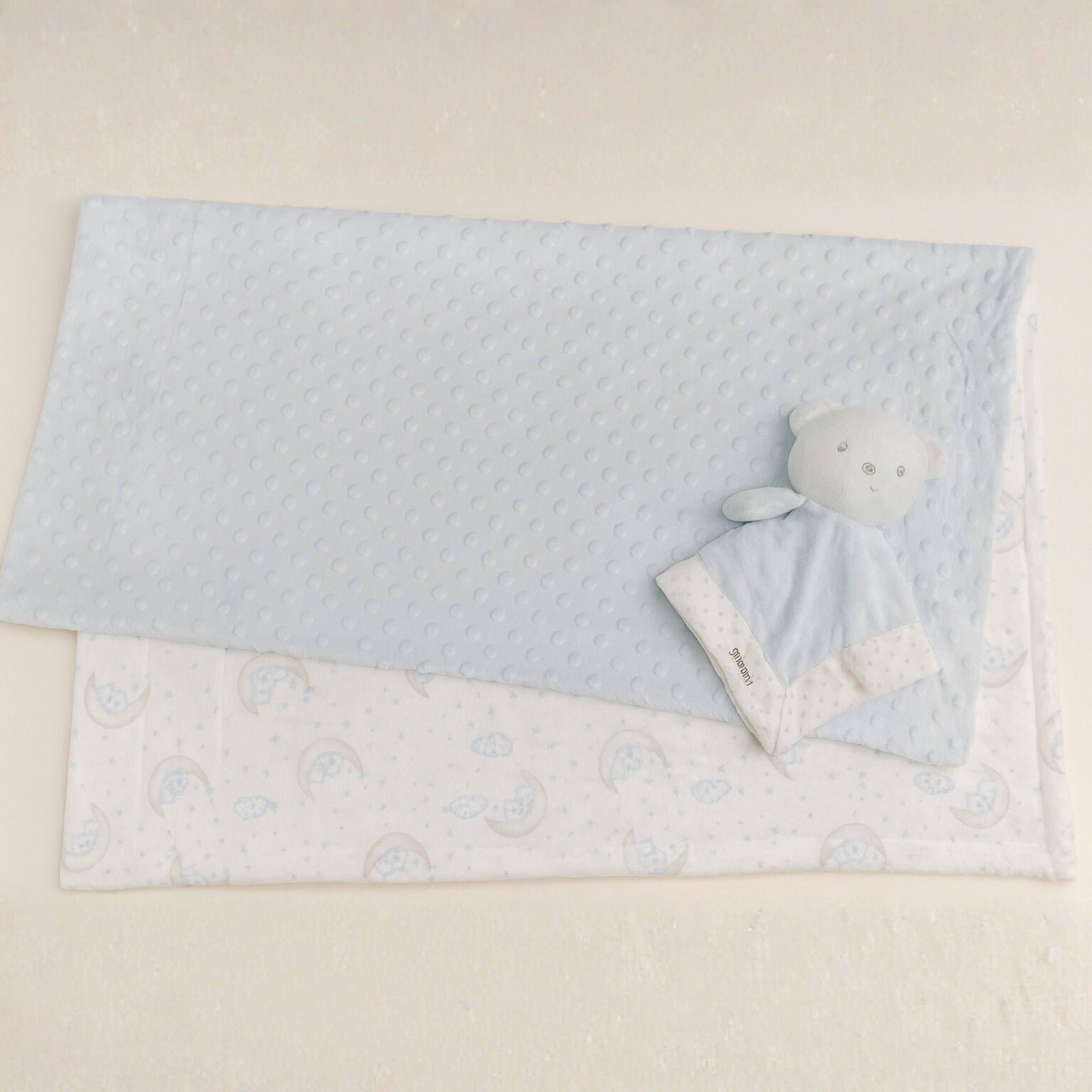 SUNNOZY 2-Piece Baby Blanket Set | Soft Minky Dot Fabric & Printed Blanket with Teddy Bear Lovey | Cozy, Gentle, Machine Washable – 75x100 cm