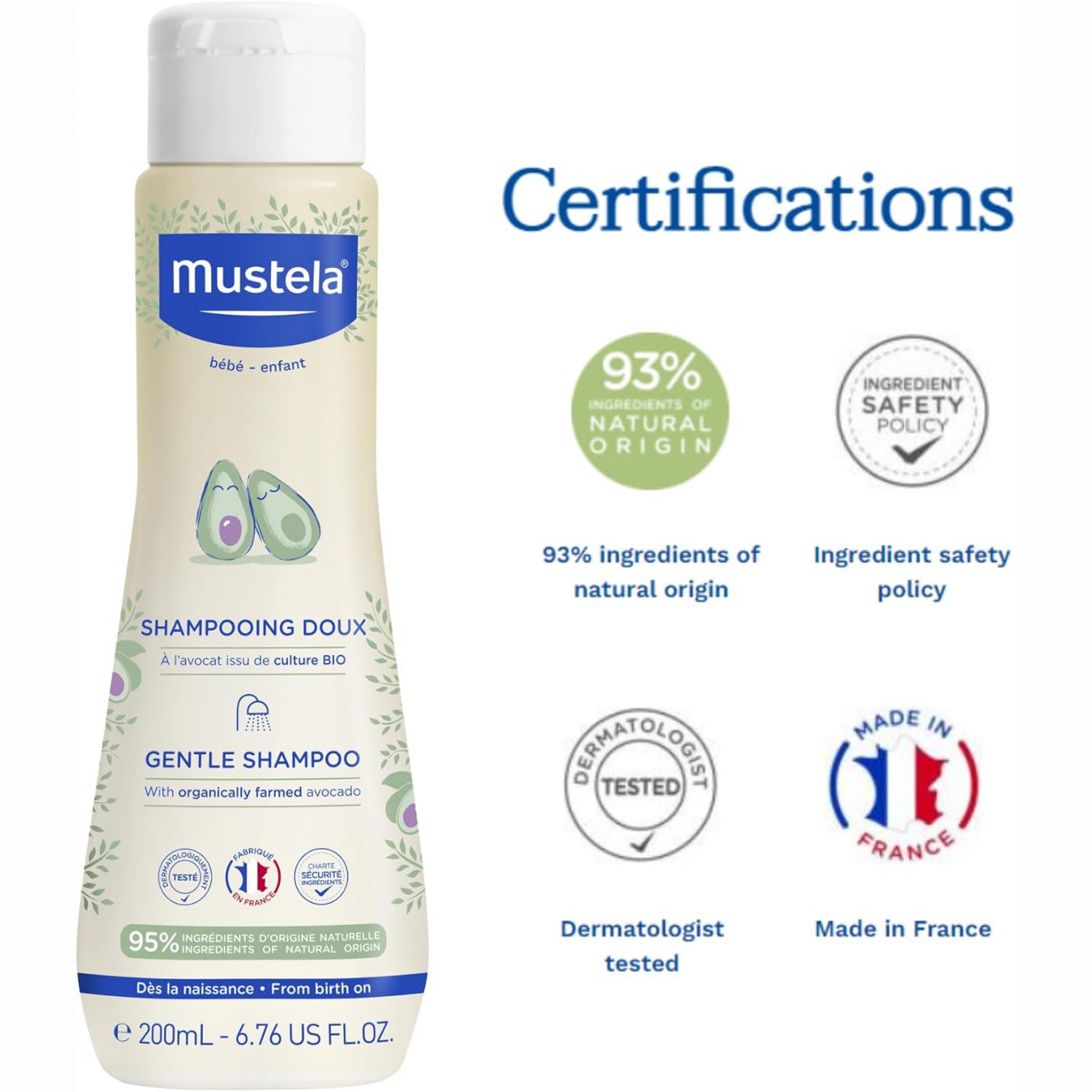 Mustela Baby Gentle Shampoo with Natural Avocado - Hair Care for Kids of all Ages & Hair Types - Tear-Free & Biodegradable Formula 200ml and 500ml