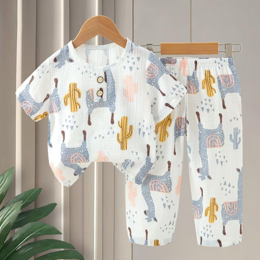 SMILE BABY CHILDREN'S MUSLIN NIGHT SUIT HAFF T-SHIRT FULL PENT CACTUS PRINT WHITE