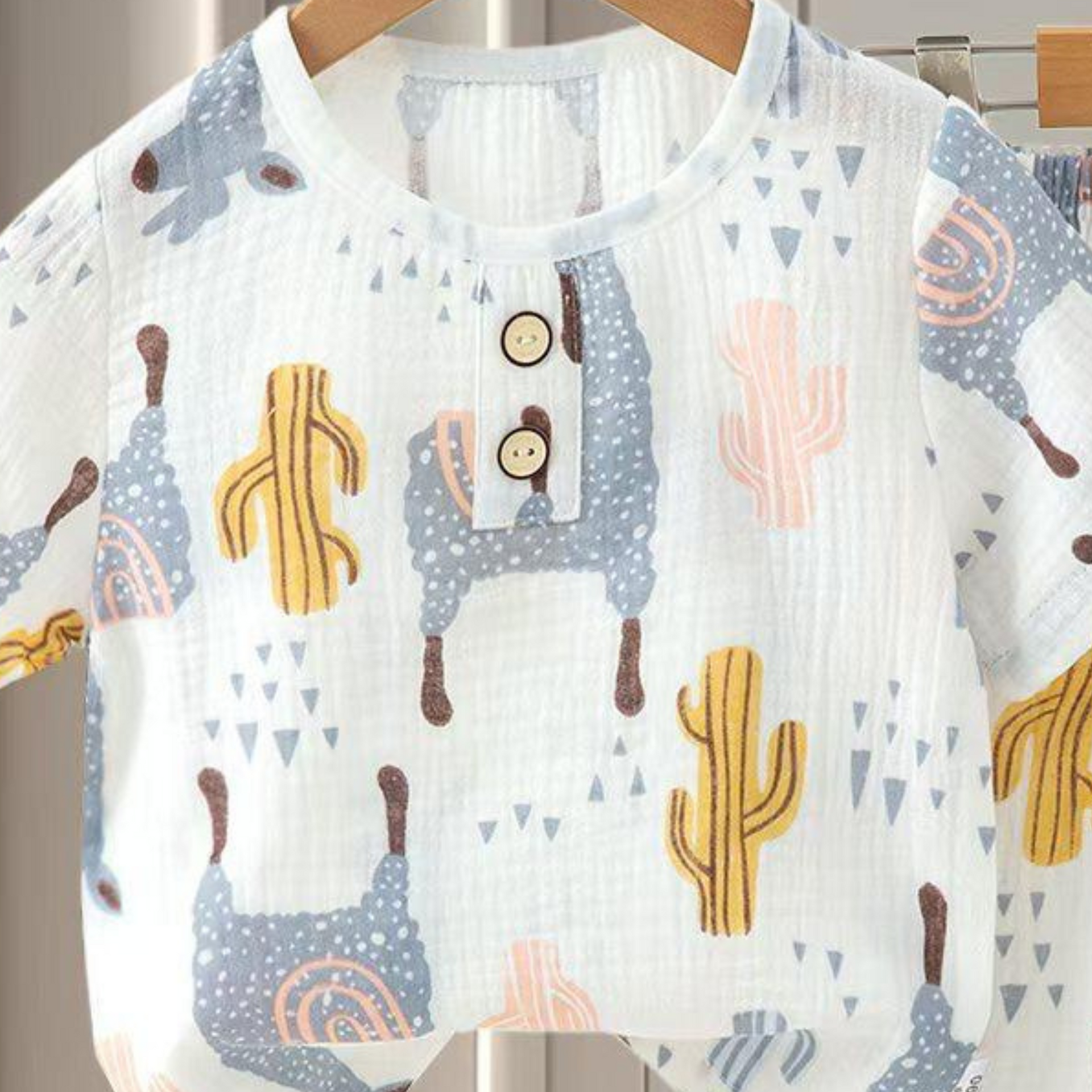 SMILE BABY CHILDREN'S MUSLIN NIGHT SUIT HAFF T-SHIRT FULL PENT CACTUS PRINT WHITE