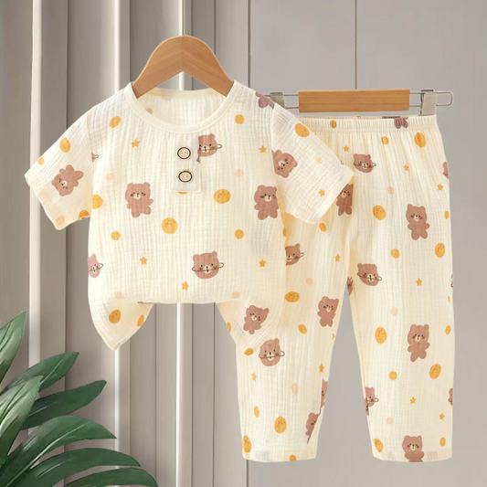 SMILE BABY CHILDREN'S MUSLIN NIGHT SUIT HAFF T-SHIRT FULL PENT TEDDY PRINT CREAM