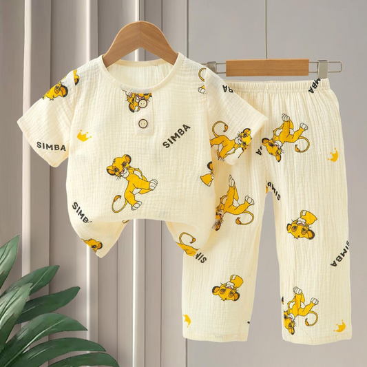 SMILE BABY CHILDREN'S MUSLIN NIGHT SUIT HAFF T-SHIRT FULL PENT SIMBA PRINT CREAM
