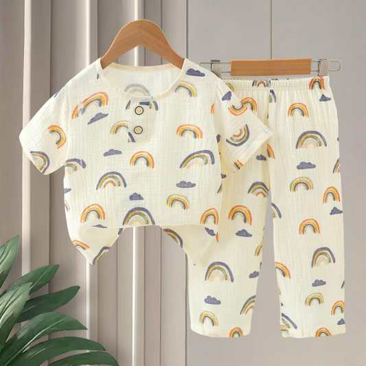 SMILE BABY CHILDREN'S MUSLIN NIGHT SUIT HAFF T-SHIRT FULL PENT RAINBOW PRINT CREAM