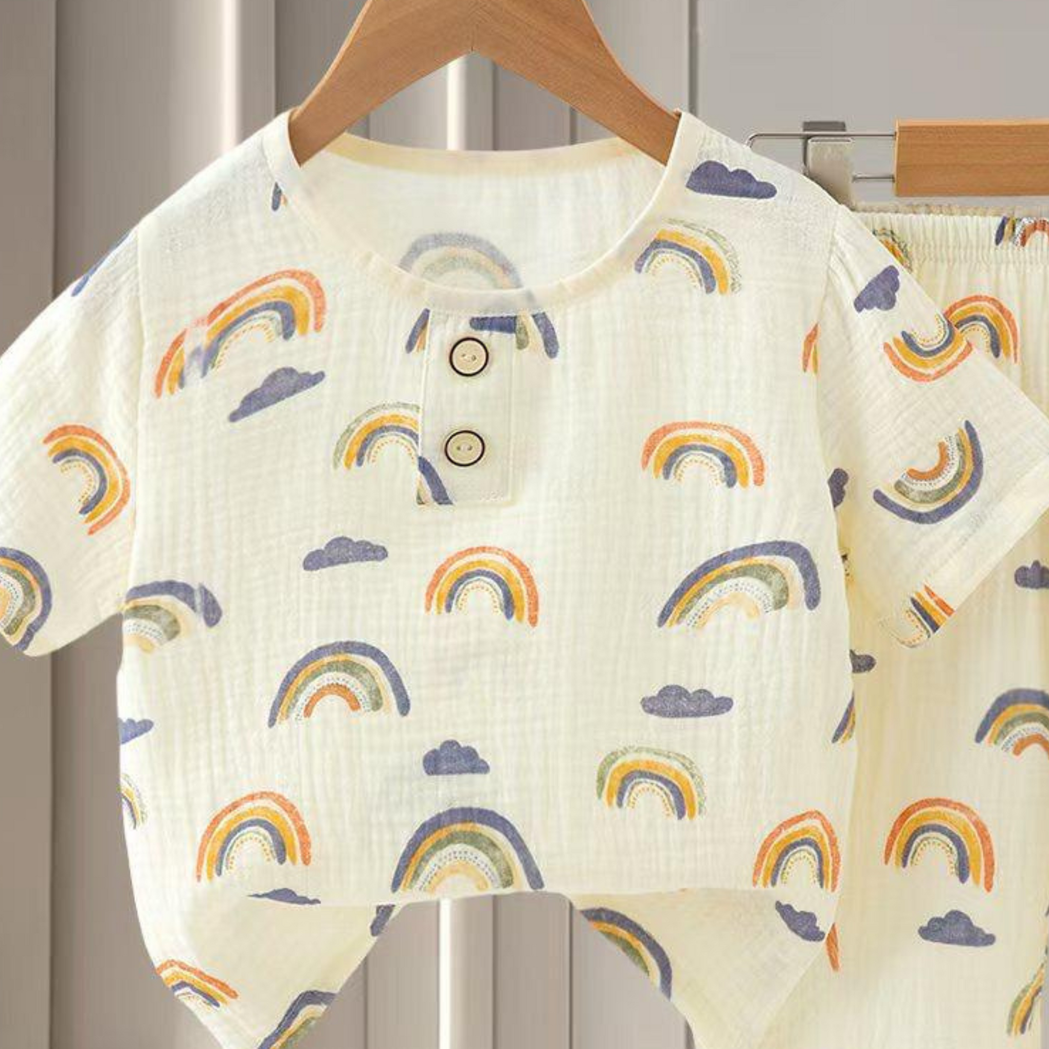 SMILE BABY CHILDREN'S MUSLIN NIGHT SUIT HAFF T-SHIRT FULL PENT RAINBOW PRINT CREAM