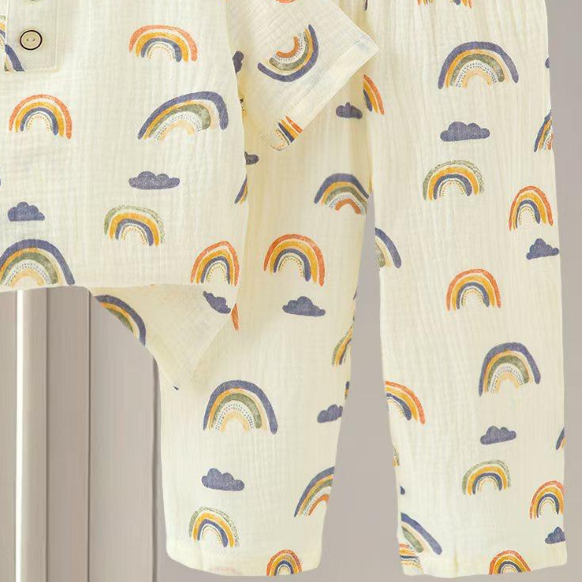 SMILE BABY CHILDREN'S MUSLIN NIGHT SUIT HAFF T-SHIRT FULL PENT RAINBOW PRINT CREAM