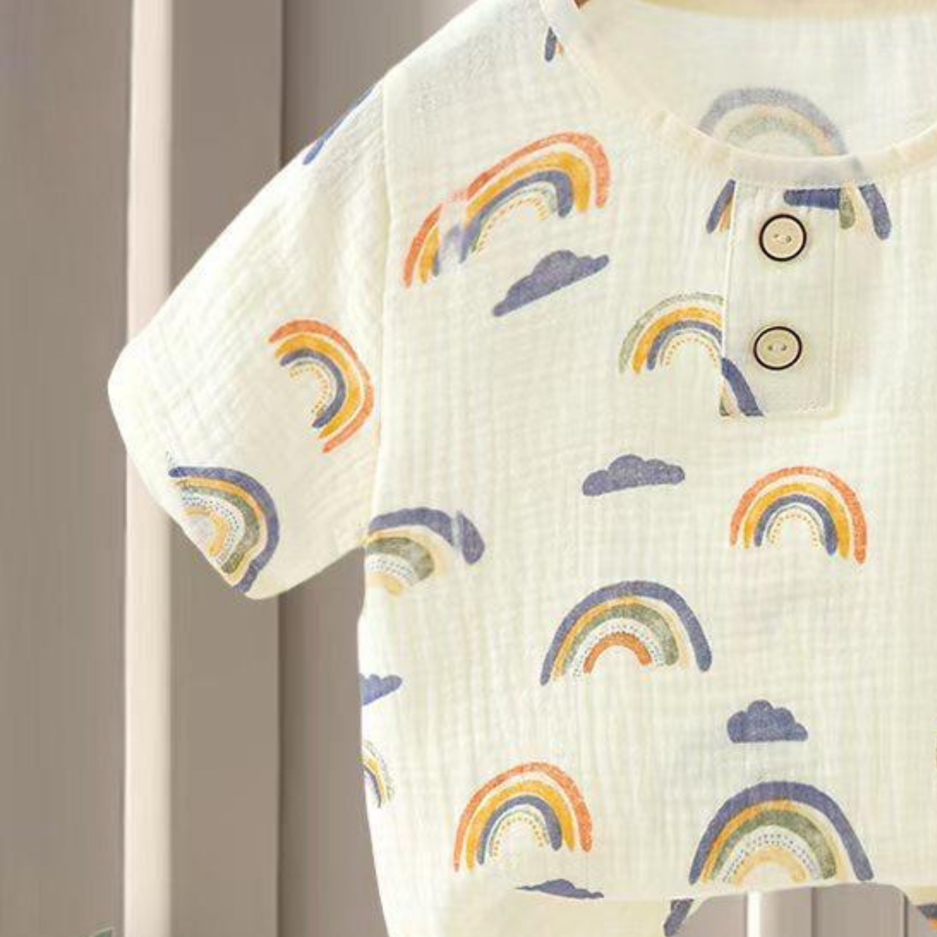 SMILE BABY CHILDREN'S MUSLIN NIGHT SUIT HAFF T-SHIRT FULL PENT RAINBOW PRINT CREAM