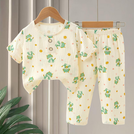 SMILE BABY CHILDREN'S MUSLIN NIGHT SUIT HAFF T-SHIRT FULL PENT PIKACHU PRINT CREAM