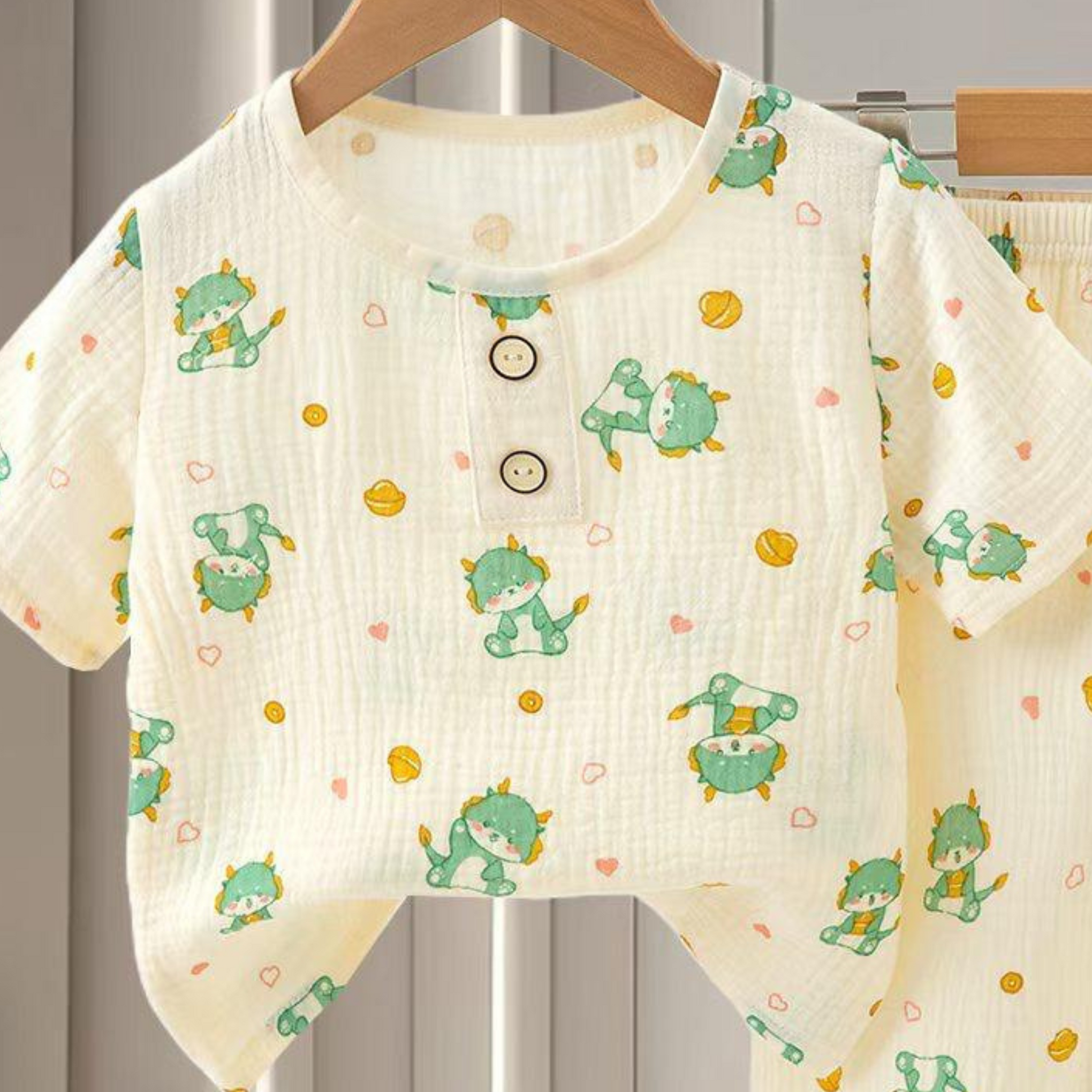 SMILE BABY CHILDREN'S MUSLIN NIGHT SUIT HAFF T-SHIRT FULL PENT PIKACHU PRINT CREAM