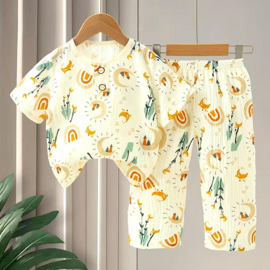 SMILE BABY CHILDREN'S MUSLIN NIGHT SUIT HAFF T-SHIRT FULL PENT MOON PRINT CREAM