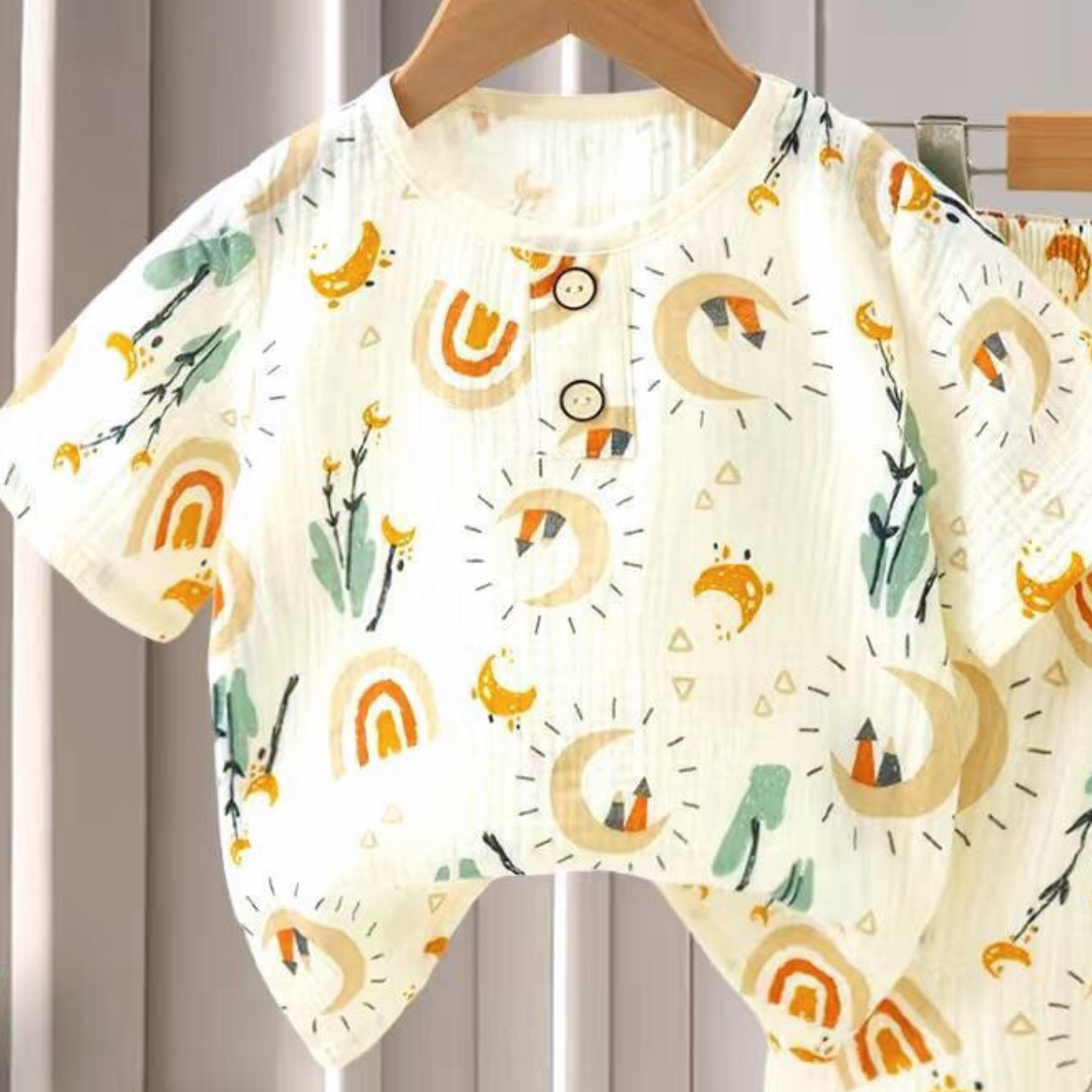 SMILE BABY CHILDREN'S MUSLIN NIGHT SUIT HAFF T-SHIRT FULL PENT MOON PRINT CREAM