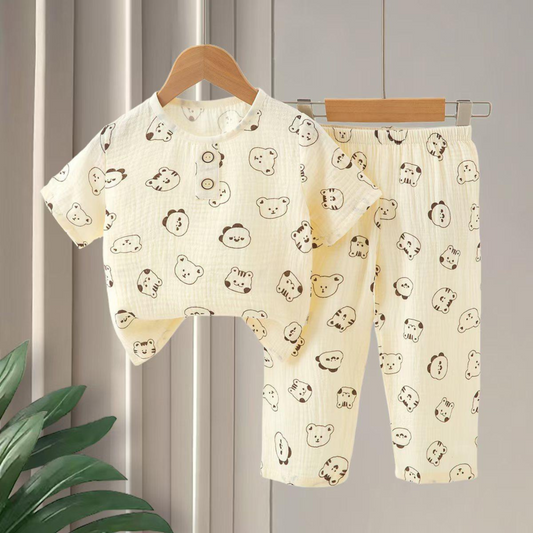 SMILE BABY CHILDREN'S MUSLIN NIGHT SUIT HAFF T-SHIRT FULL PENT PANDA FACE PRINT CREAM