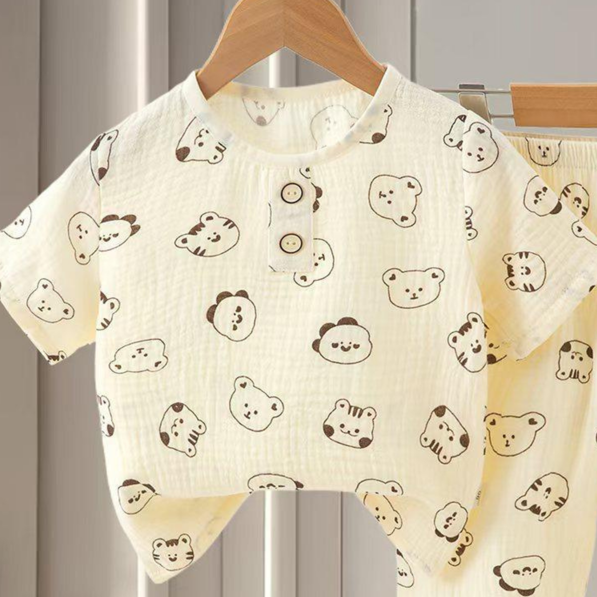 SMILE BABY CHILDREN'S MUSLIN NIGHT SUIT HAFF T-SHIRT FULL PENT PANDA FACE PRINT CREAM