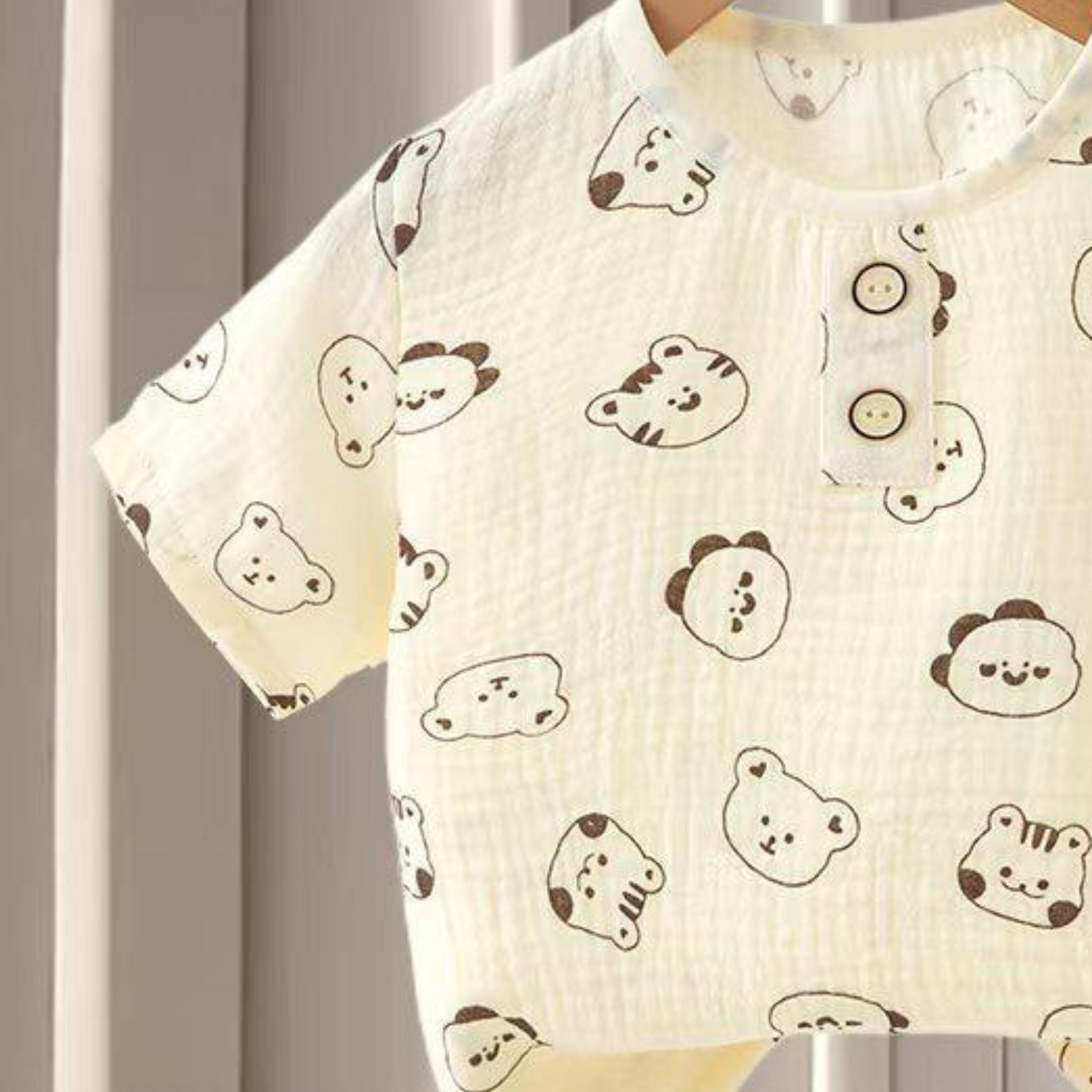 SMILE BABY CHILDREN'S MUSLIN NIGHT SUIT HAFF T-SHIRT FULL PENT PANDA FACE PRINT CREAM