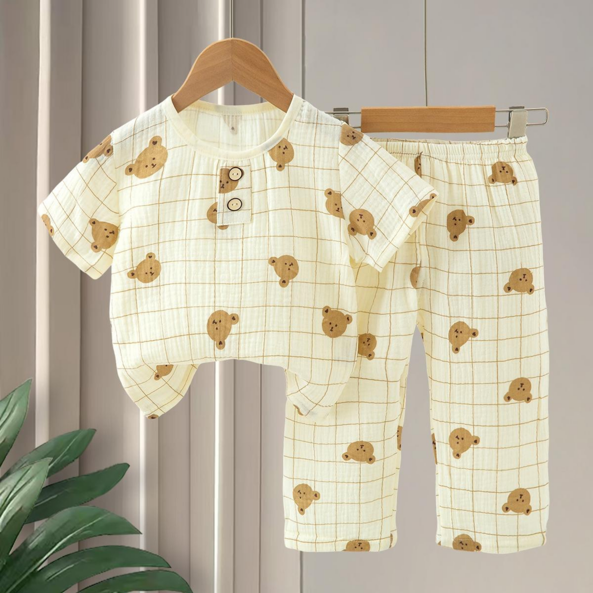 SMILE BABY CHILDREN'S MUSLIN NIGHT SUIT HAFF T-SHIRT FULL PENT CHK BEER PRINT CREAM
