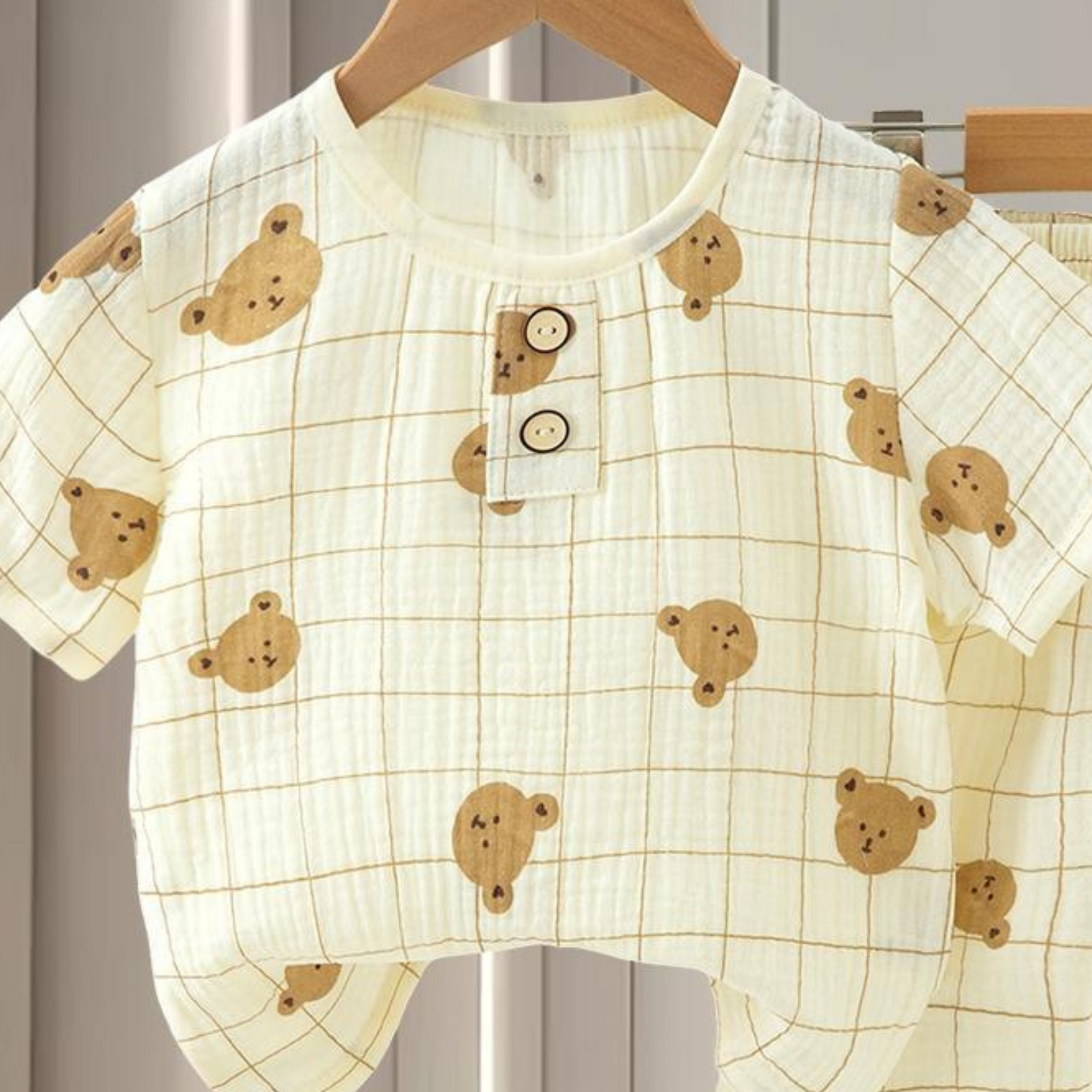 SMILE BABY CHILDREN'S MUSLIN NIGHT SUIT HAFF T-SHIRT FULL PENT CHK BEER PRINT CREAM