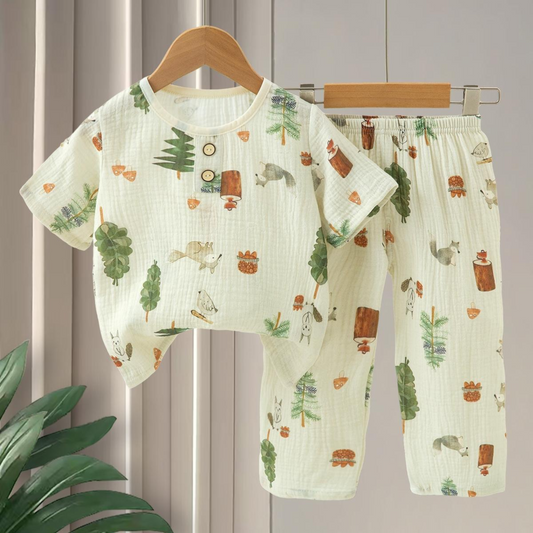 SMILE BABY CHILDREN'S MUSLIN NIGHT SUIT HAFF T-SHIRT FULL PENT FOREST PRINT CREAM