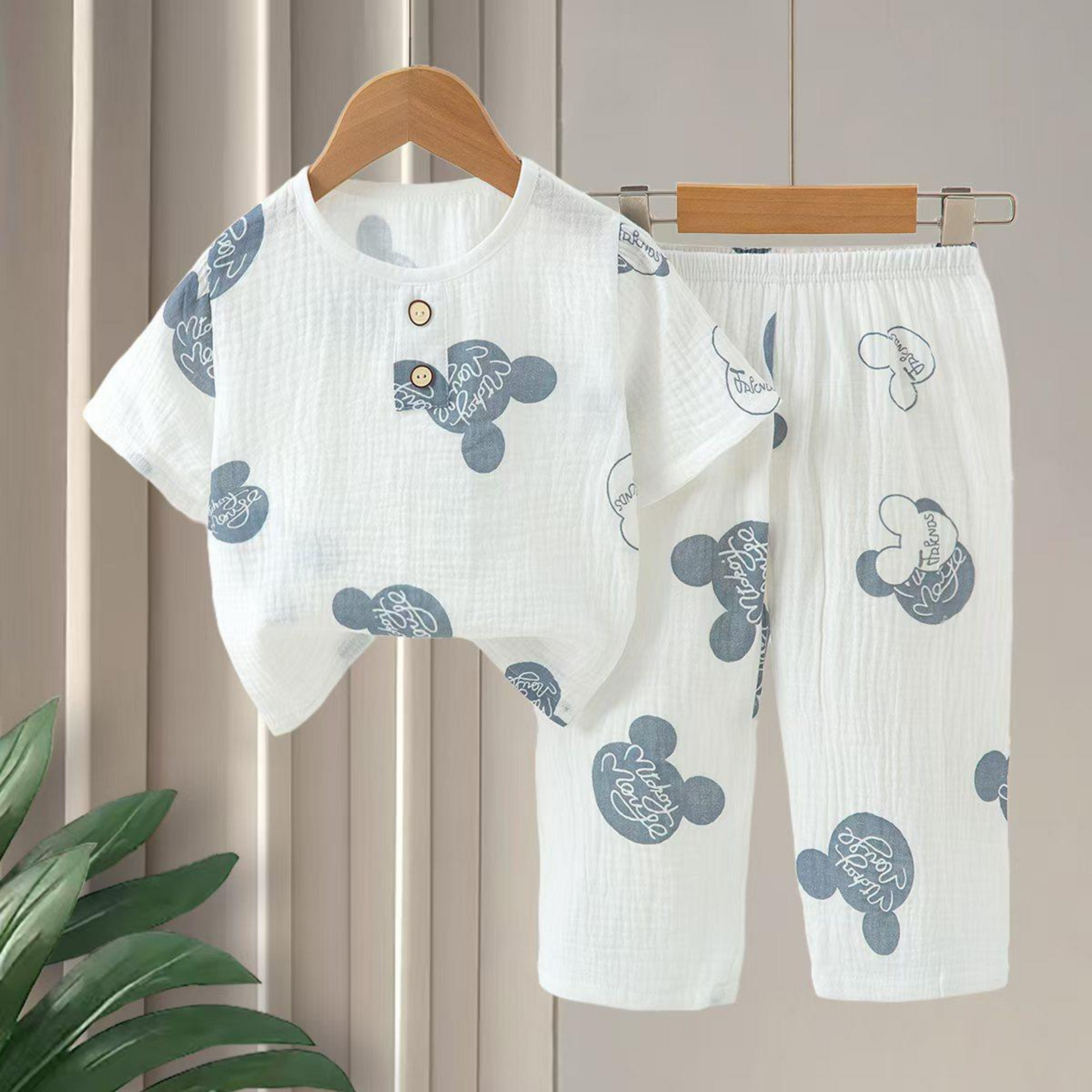 SMILE BABY CHILDREN'S MUSLIN NIGHT SUIT HAFF T-SHIRT FULL PENT MICKEY MOUSE PRINT WHITE