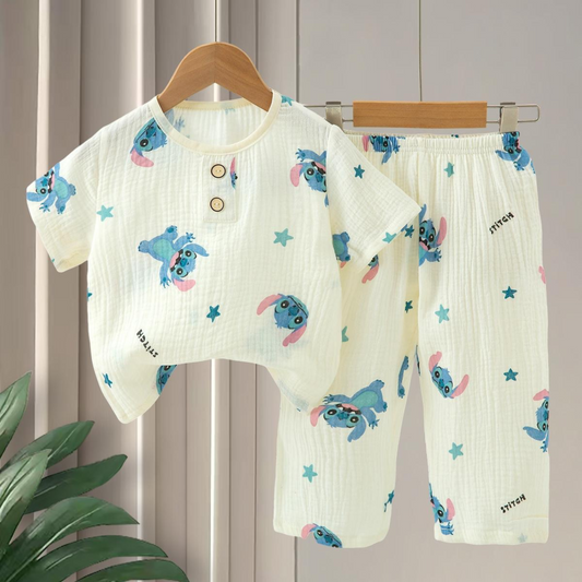 SMILE BABY CHILDREN'S MUSLIN NIGHT SUIT HAFF T-SHIRT FULL PENT STITCH PRINT CREAM