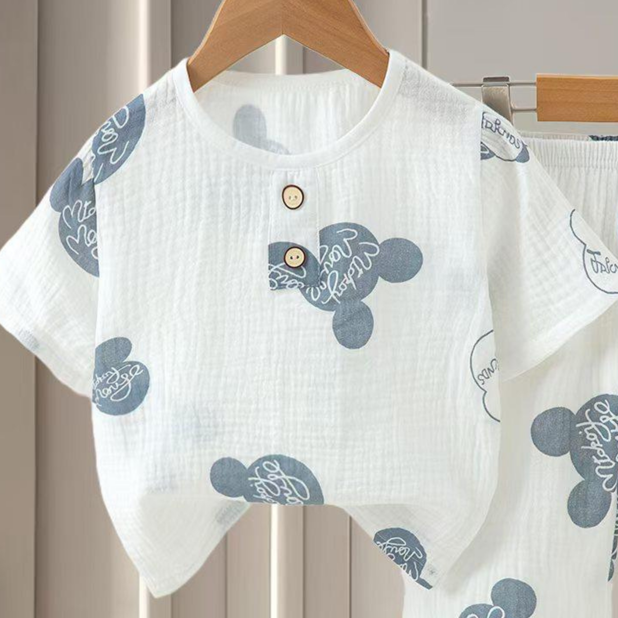 SMILE BABY CHILDREN'S MUSLIN NIGHT SUIT HAFF T-SHIRT FULL PENT MICKEY MOUSE PRINT WHITE