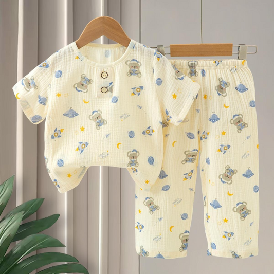 SMILE BABY CHILDREN'S MUSLIN NIGHT SUIT HAFF T-SHIRT FULL PENT KOGLG PLANET PRINT CREAM
