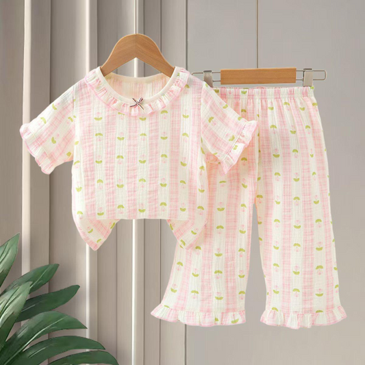 SMILE BABY GIRLS MUSLIN NIGHT SUIT HAFF T-SHIRT FULL PENT FLOWER PRINT PINK