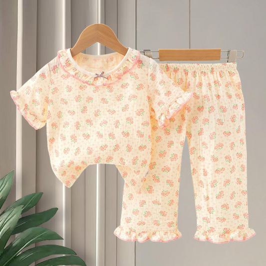 SMILE BABY GIRLS MUSLIN NIGHT SUIT HAFF T-SHIRT FULL PENT ROSE PRINT PRACH
