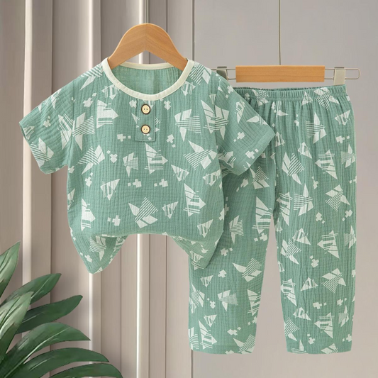 SMILE BABY CHILDREN'S MUSLIN NIGHT SUIT HAFF T-SHIRT FULL PENT TRIANGLE PRINT OLIVE/GREEN