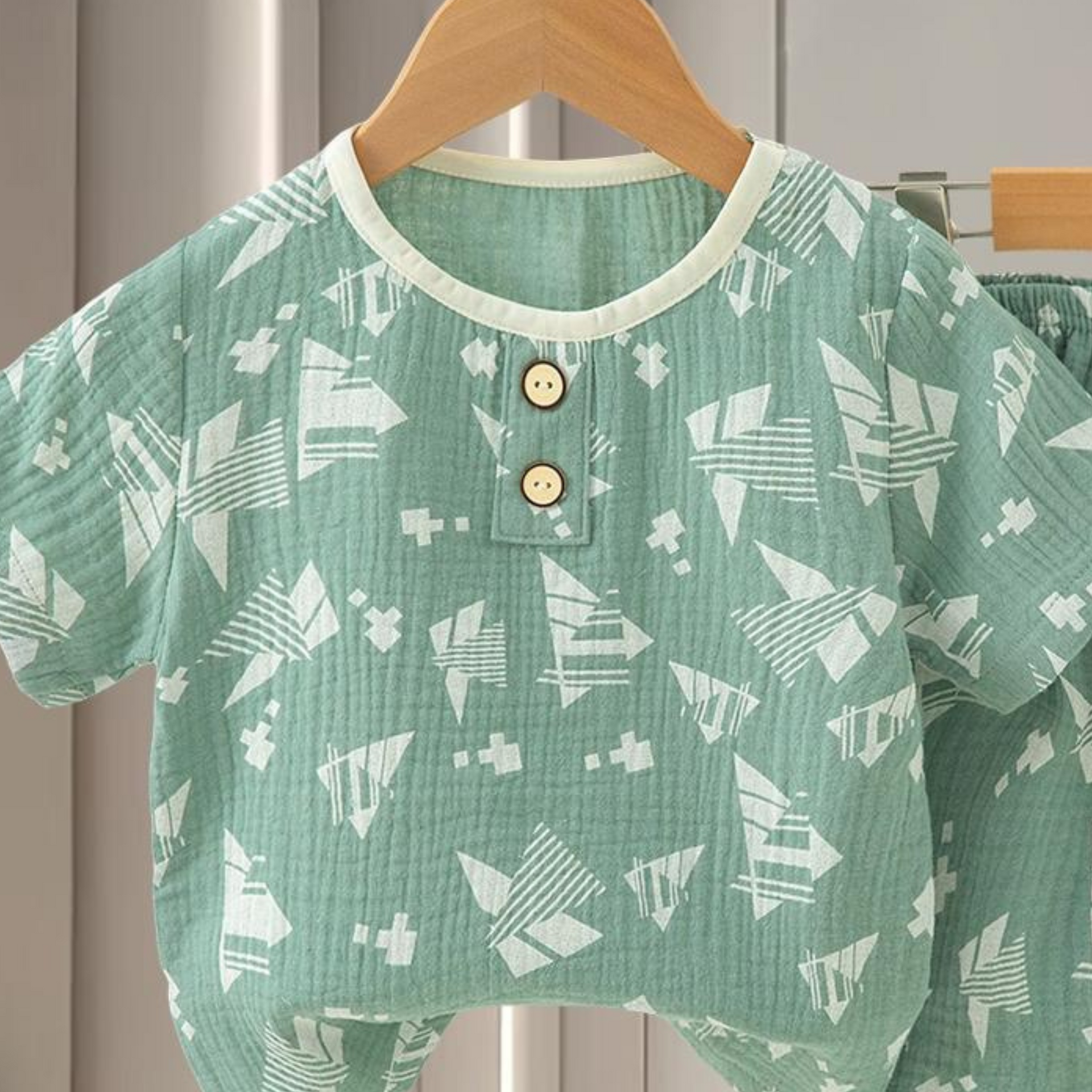 SMILE BABY CHILDREN'S MUSLIN NIGHT SUIT HAFF T-SHIRT FULL PENT TRIANGLE PRINT OLIVE/GREEN