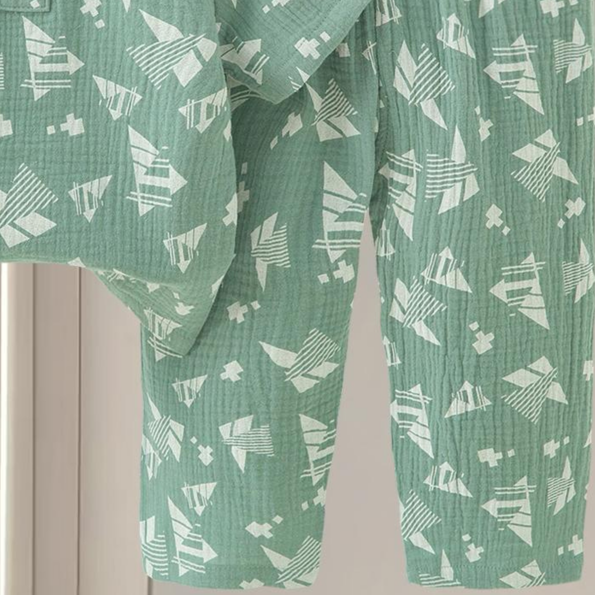 SMILE BABY CHILDREN'S MUSLIN NIGHT SUIT HAFF T-SHIRT FULL PENT TRIANGLE PRINT OLIVE/GREEN