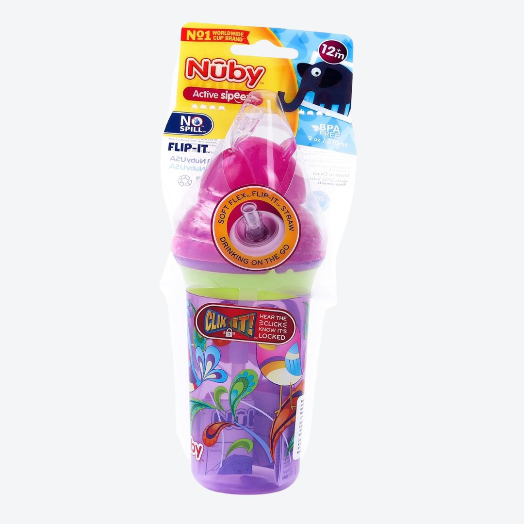 Nuby Click-It Printed Series Straw Active Sipeez Flip-It 270ml (Purple)