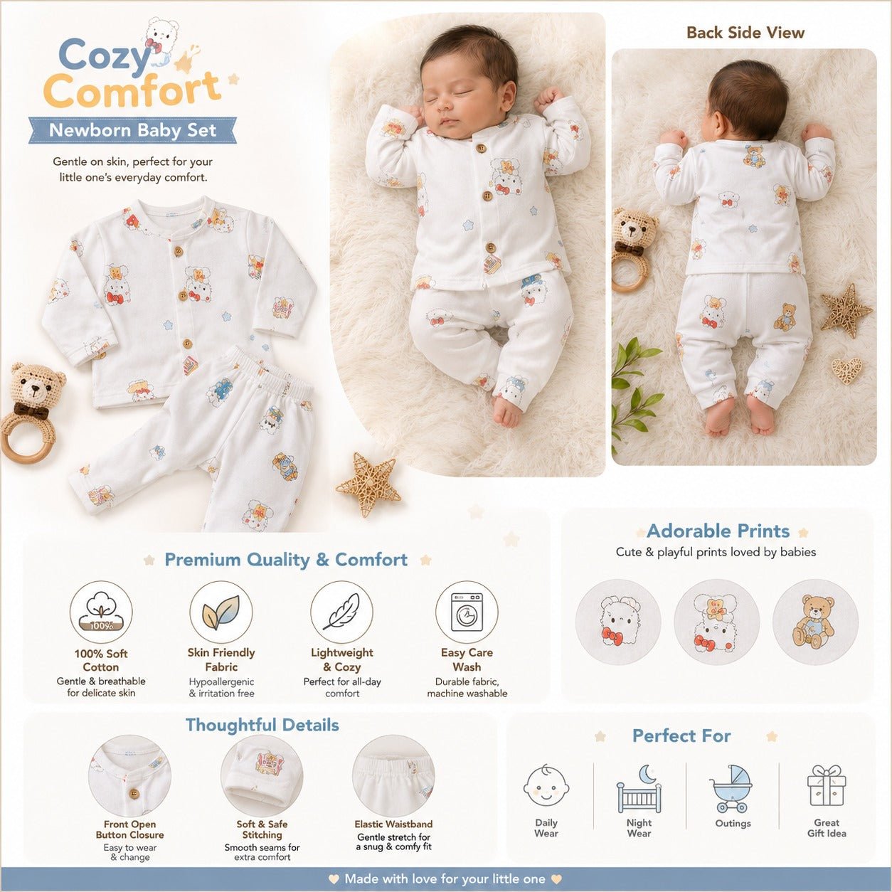 NUM NUM Baby Boys Cream Printed Night Suit Set | Newborn to 9 Months - SMILE BABY