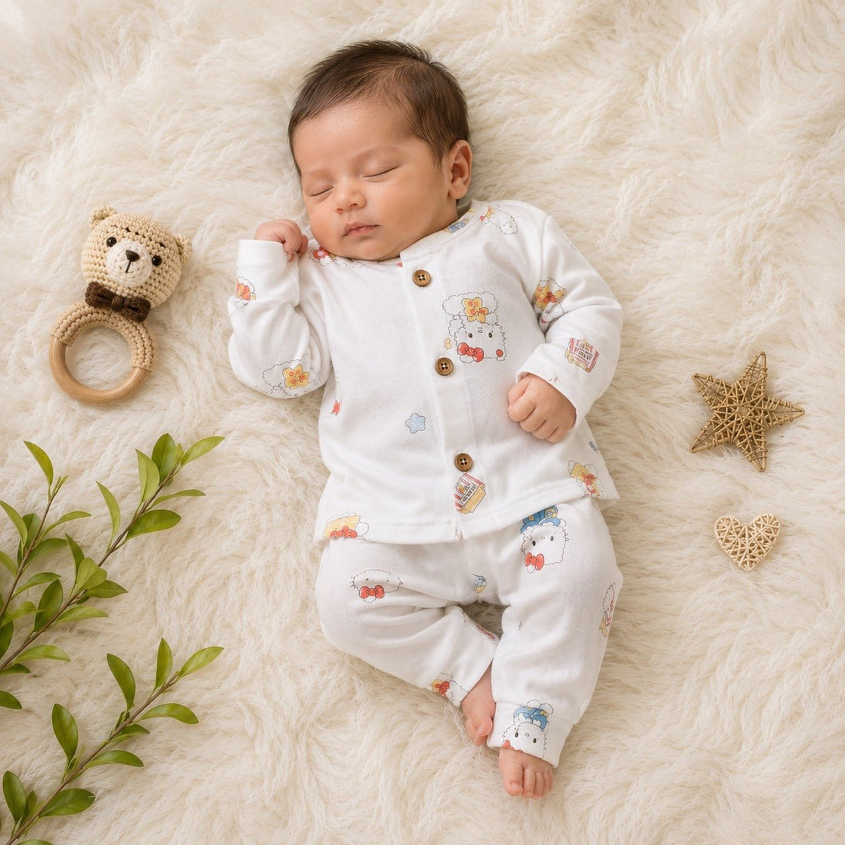 NUM NUM Baby Boys Cream Printed Night Suit Set | Newborn to 9 Months - SMILE BABY