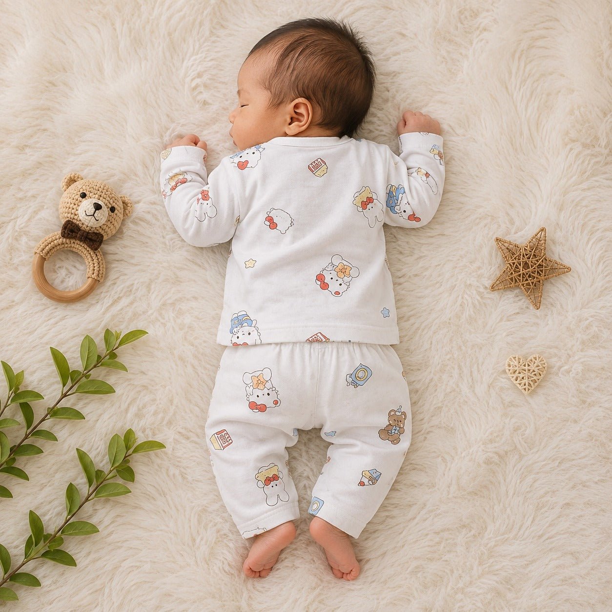 NUM NUM Baby Boys Cream Printed Night Suit Set | Newborn to 9 Months - SMILE BABY