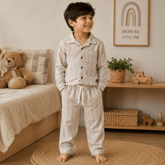 NUM NUM Boys Cotton-Feel Pajama Set | Cream & Green | 6M–3Y - SMILE BABY
