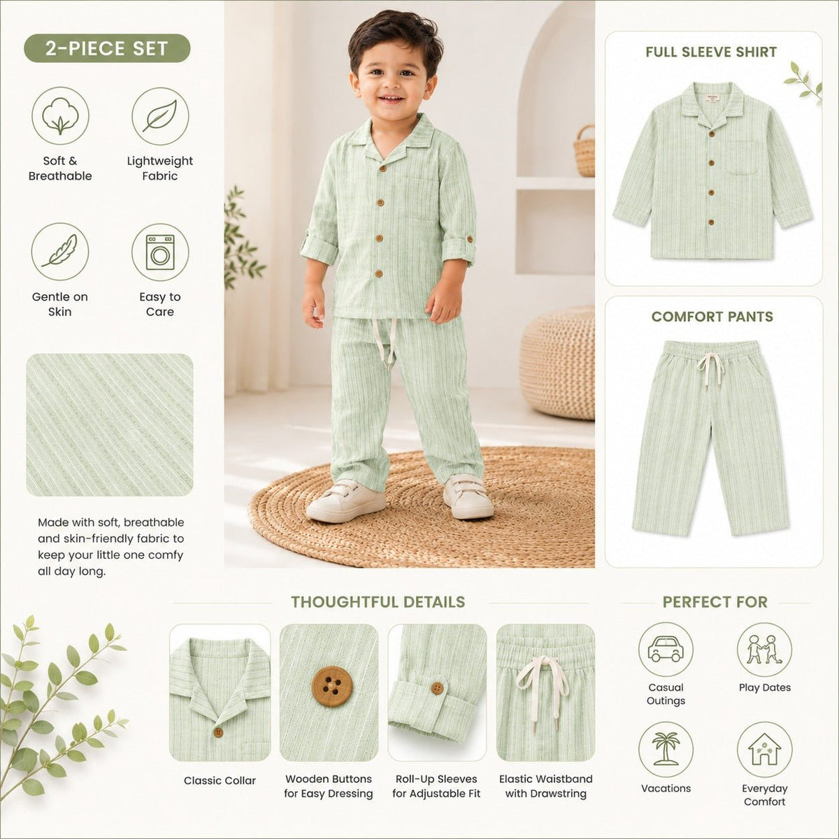 NUM NUM Boys Cotton-Feel Pajama Set | Cream & Green | 6M–3Y - SMILE BABY