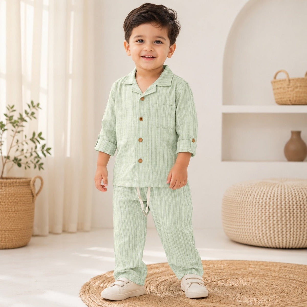 NUM NUM Boys Cotton-Feel Pajama Set | Cream & Green | 6M–3Y - SMILE BABY