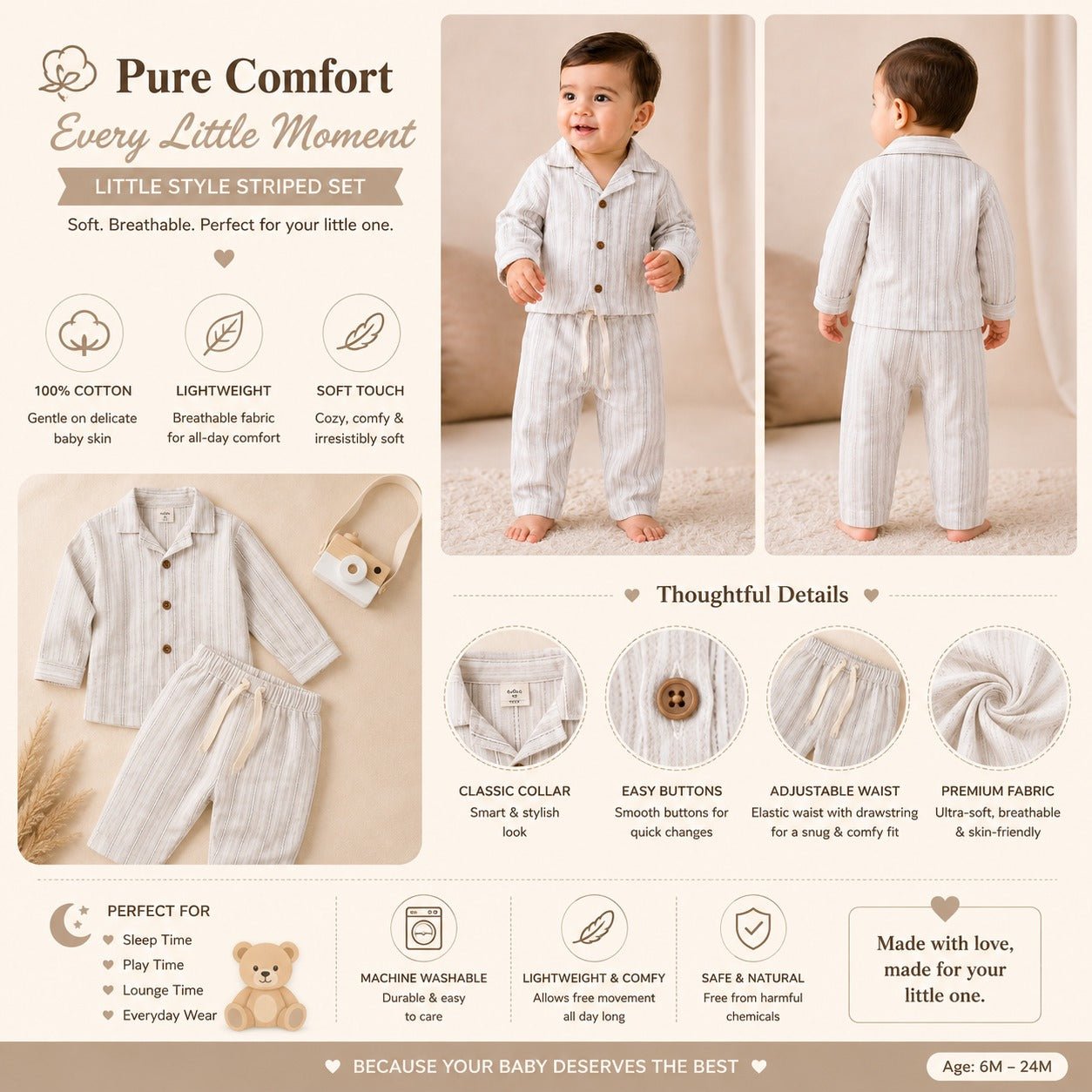 NUM NUM Boys Striped Night Suit Set | Full Sleeve Shirt & Pants | 6M–3Y - SMILE BABY