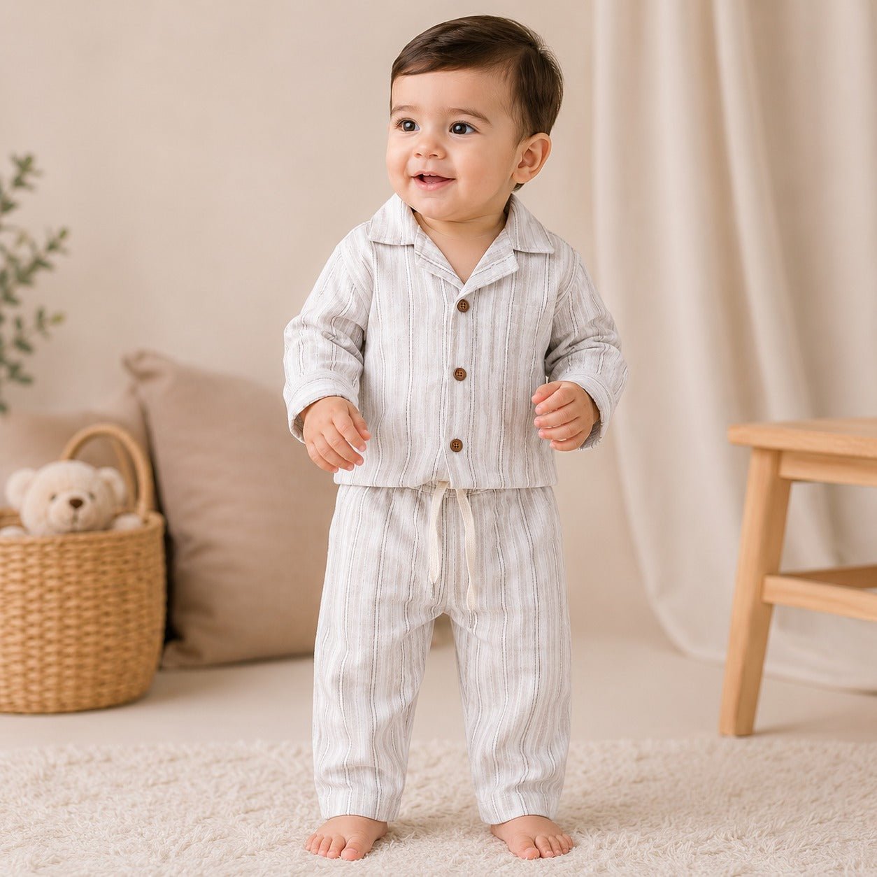 NUM NUM Boys Striped Night Suit Set | Full Sleeve Shirt & Pants | 6M–3Y - SMILE BABY