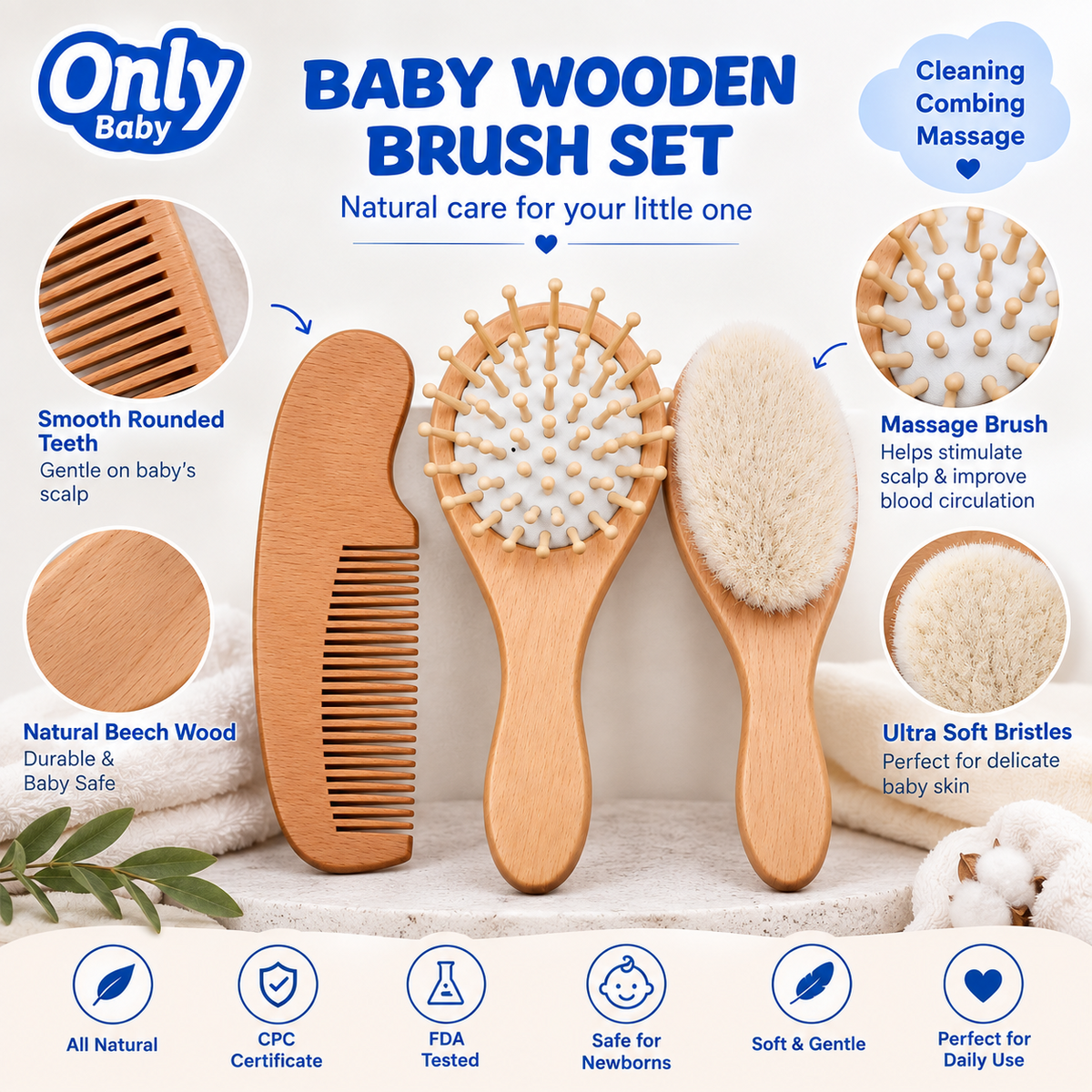 Only Baby Wooden Brush Set product infographic