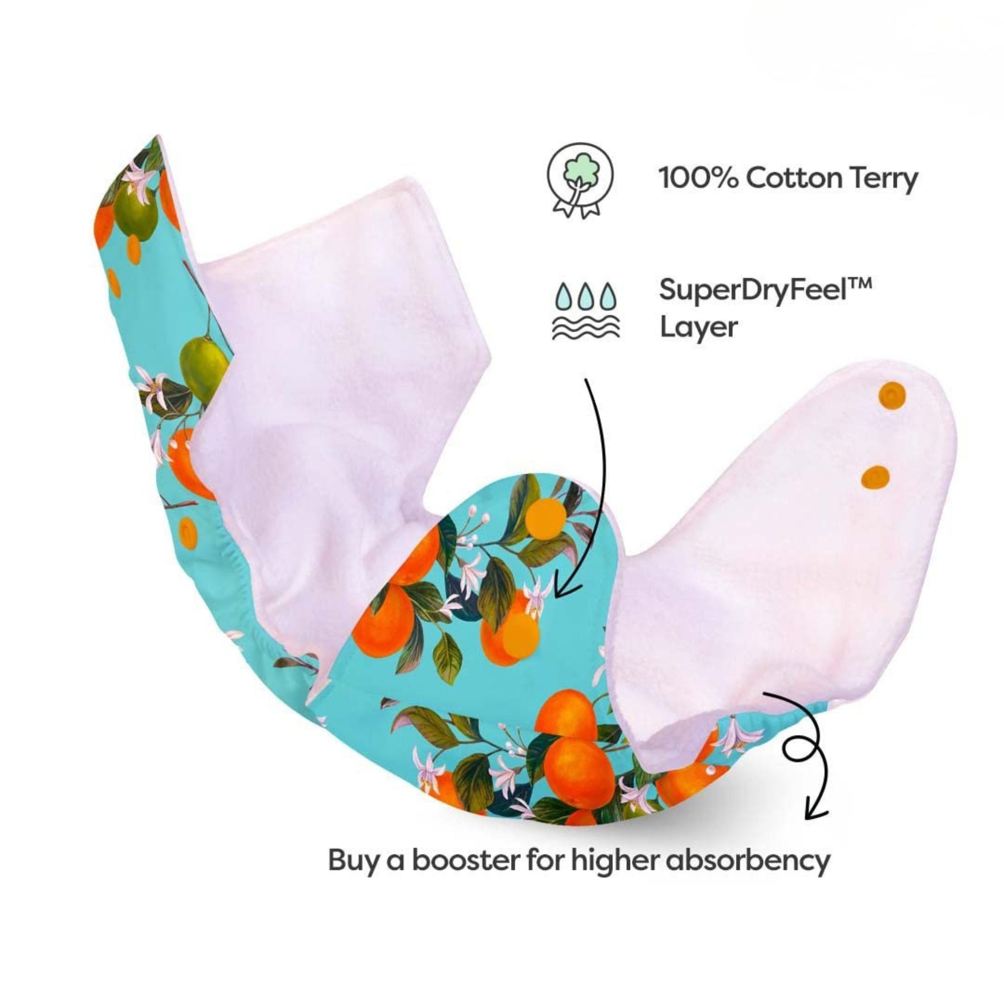 SuperBottoms BASIC Reusable Cloth Diaper with Quick Dry UltraThin pads | 100 % cloth , Freesize, washable Diapers for baby | Adjustable Snap Button Baby Diaper | Soft, Leak-Proof & Eco-Friendly | Orange Print