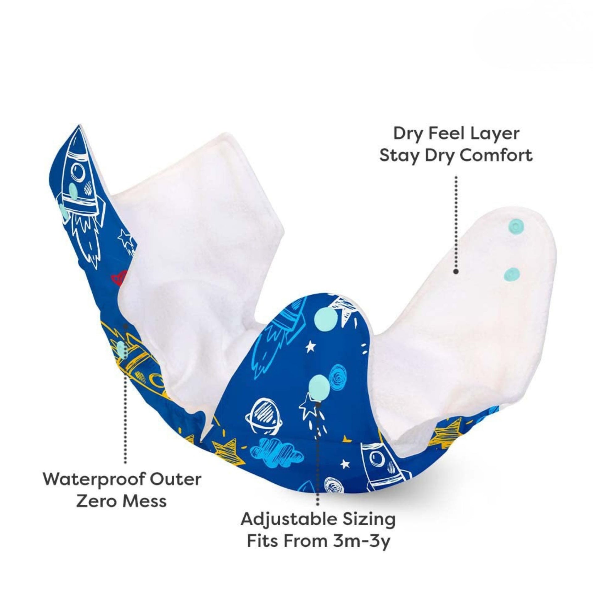 BASIC Reusable Cloth Diaper with Soft Absorbent Inserts | Space Rocket Print | Adjustable & Washable Baby Diaper