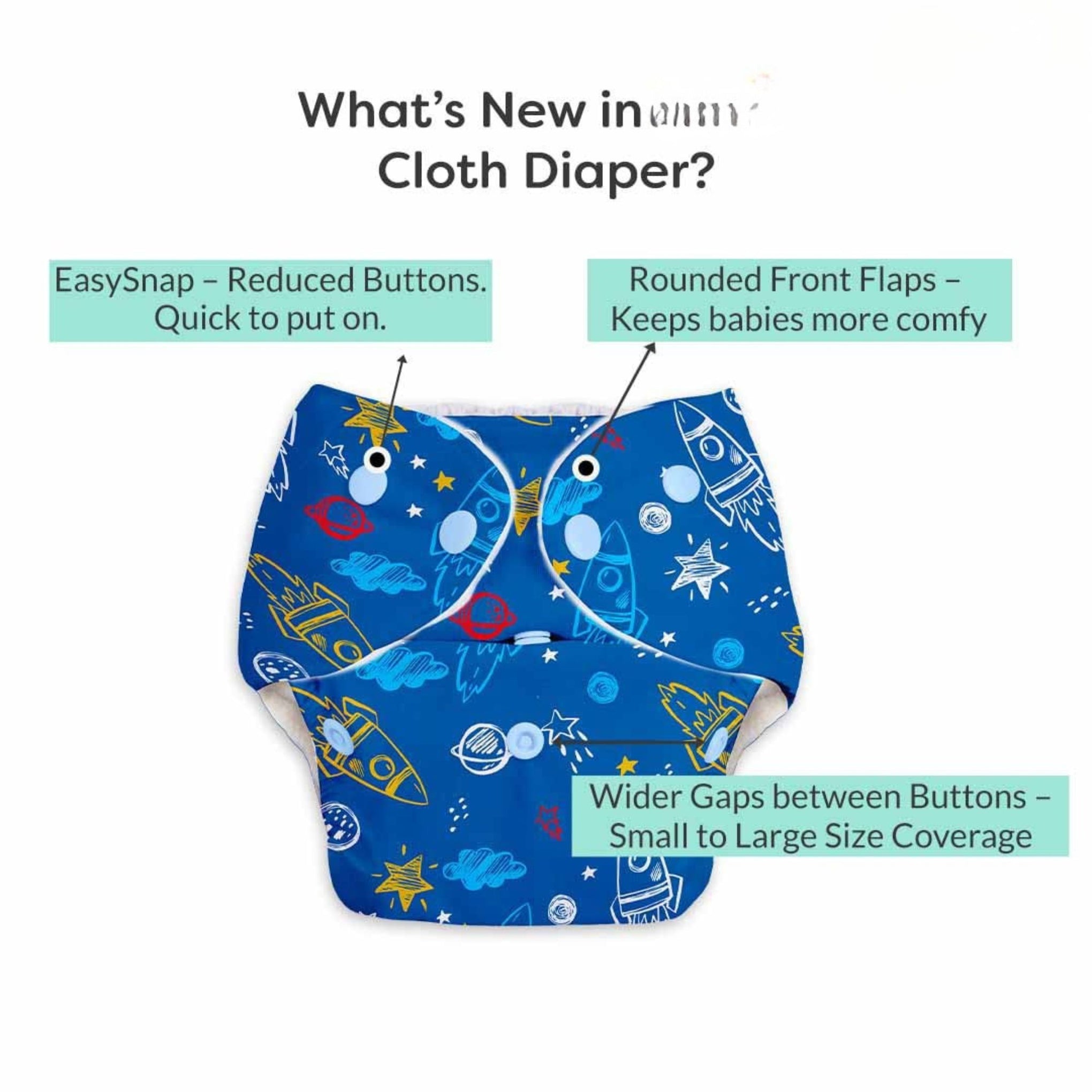 BASIC Reusable Cloth Diaper with Soft Absorbent Inserts | Space Rocket Print | Adjustable & Washable Baby Diaper