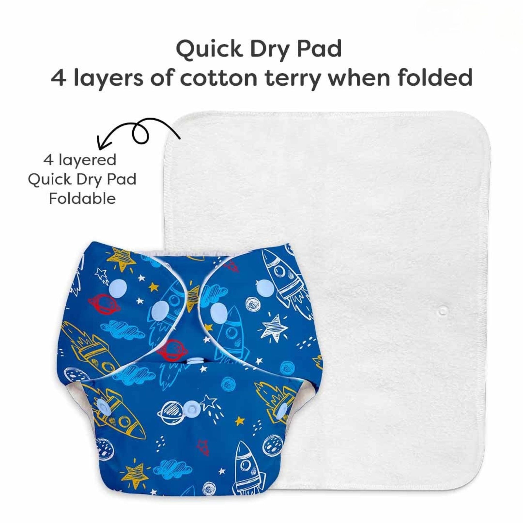 BASIC Reusable Cloth Diaper with Soft Absorbent Inserts | Space Rocket Print | Adjustable & Washable Baby Diaper
