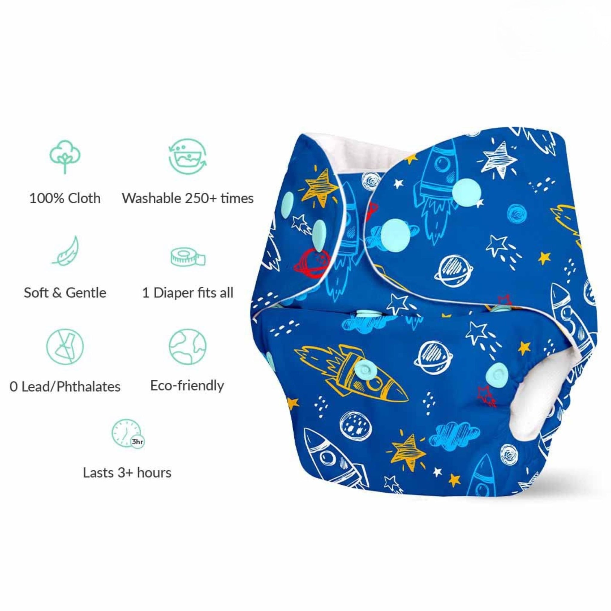 BASIC Reusable Cloth Diaper with Soft Absorbent Inserts | Space Rocket Print | Adjustable & Washable Baby Diaper