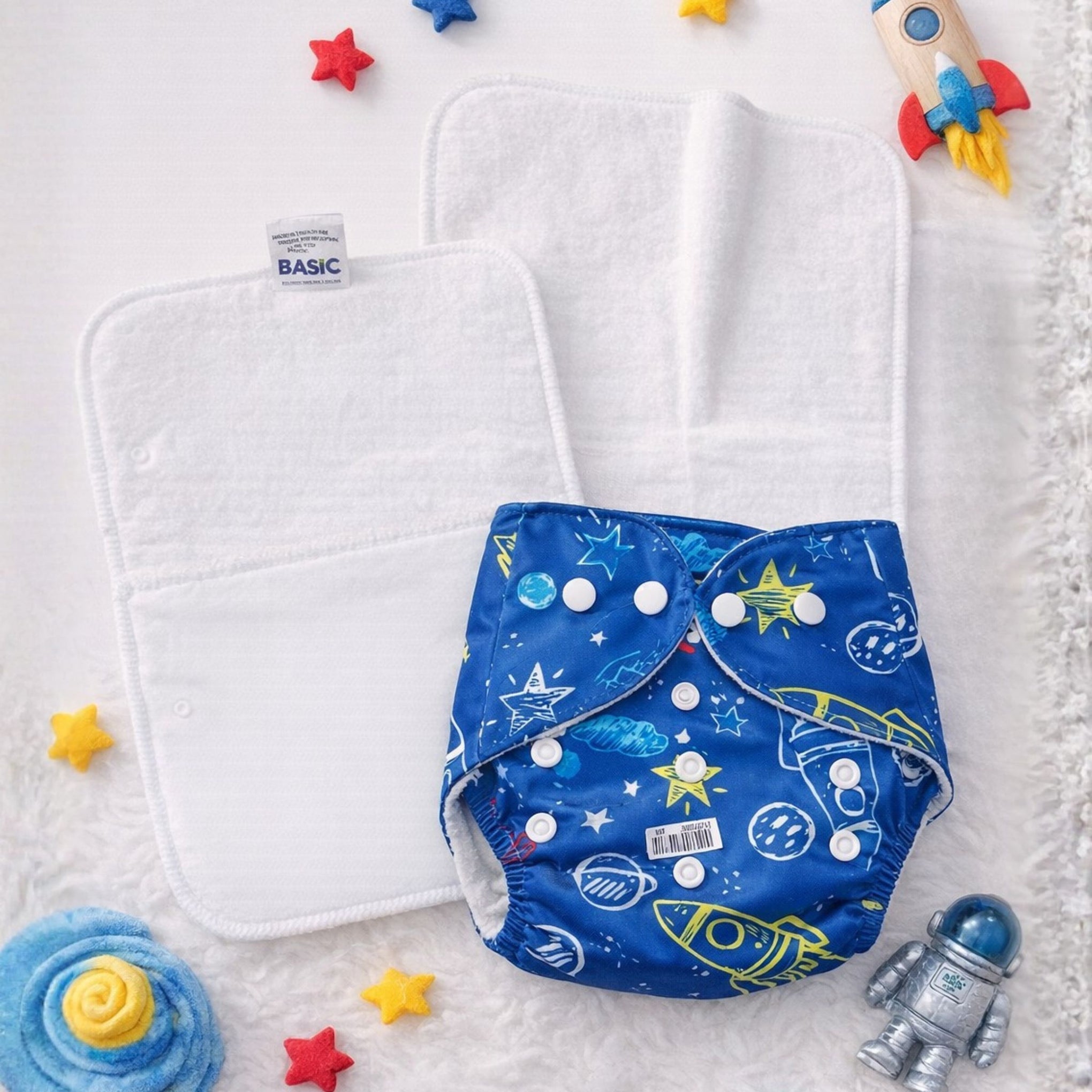 BASIC Reusable Cloth Diaper with Soft Absorbent Inserts | Space Rocket Print | Adjustable & Washable Baby Diaper