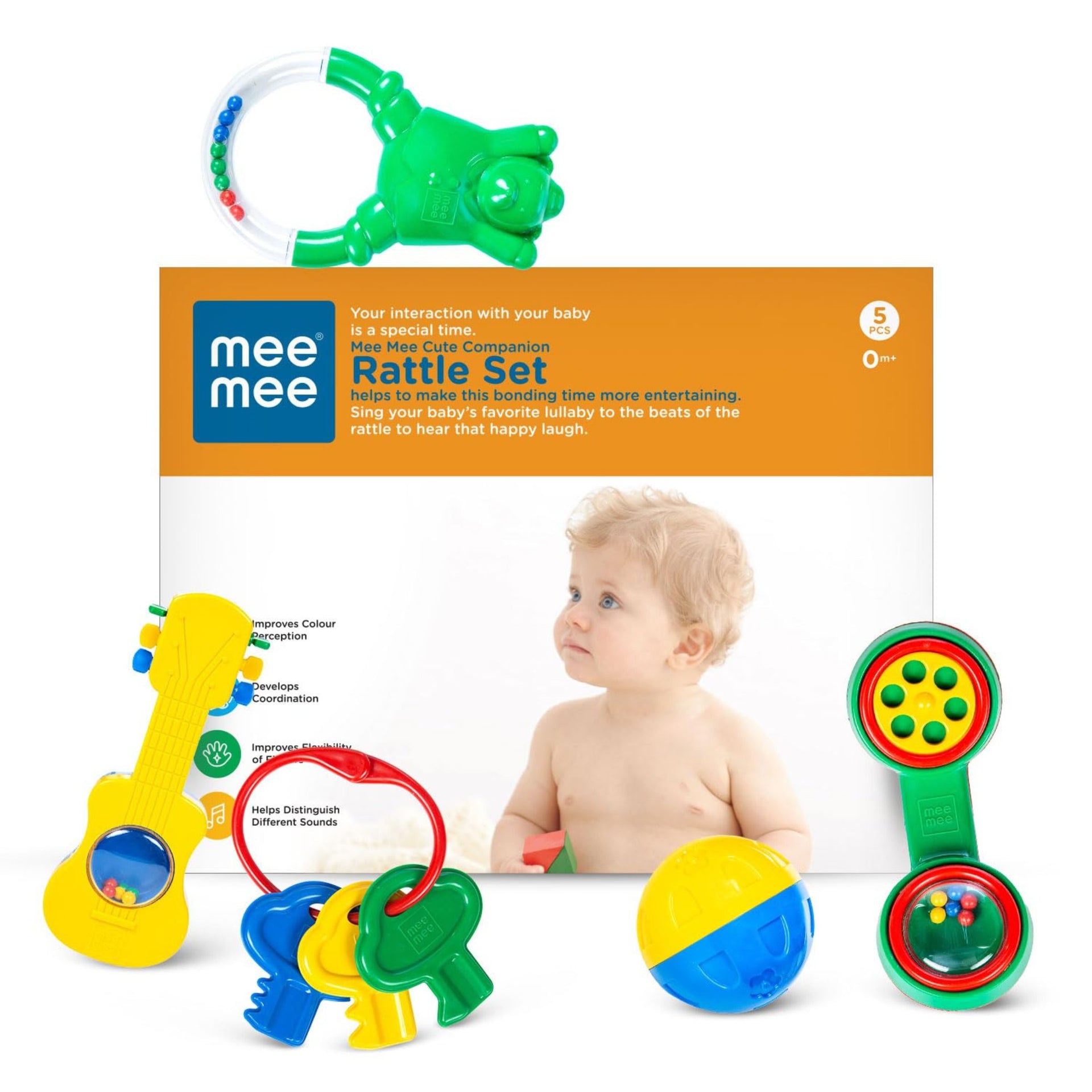 Mee Mee BPA Free Baby Rattles Set, Rattle Gift Set, Made of Food Grade Plastic, Grab Rattles and Soothing Teethers for Babies & Infants, Early Age Toys for Kids, Girls & Boys (Pack of 5, Multicolor, color as per availebility )