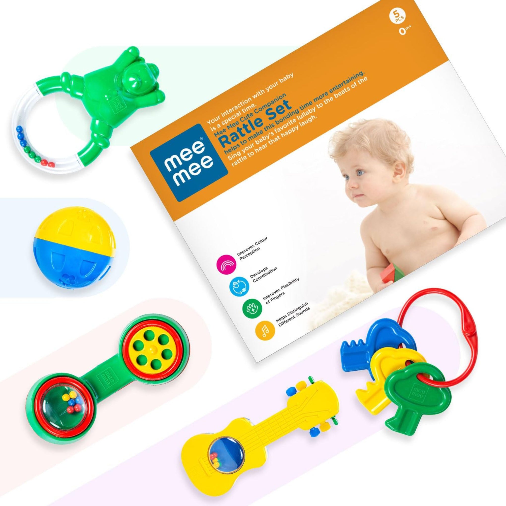 Mee Mee BPA Free Baby Rattles Set, Rattle Gift Set, Made of Food Grade Plastic, Grab Rattles and Soothing Teethers for Babies & Infants, Early Age Toys for Kids, Girls & Boys (Pack of 5, Multicolor, color as per availebility )